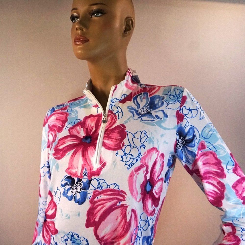 SanSoleil SolCool Print Polo Sunshirt Garden Party Long Sleeve Zip Front Sz M